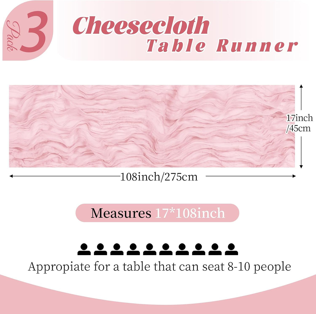 3 Pack Light Pink Cheesecloth Table Runner, 17 x 108 Inch, Gauze Cheese Cloth Table Runner Rustic Sheer Runner for Wedding Birthday Party Baby Shower Table Decor(Light Pink)