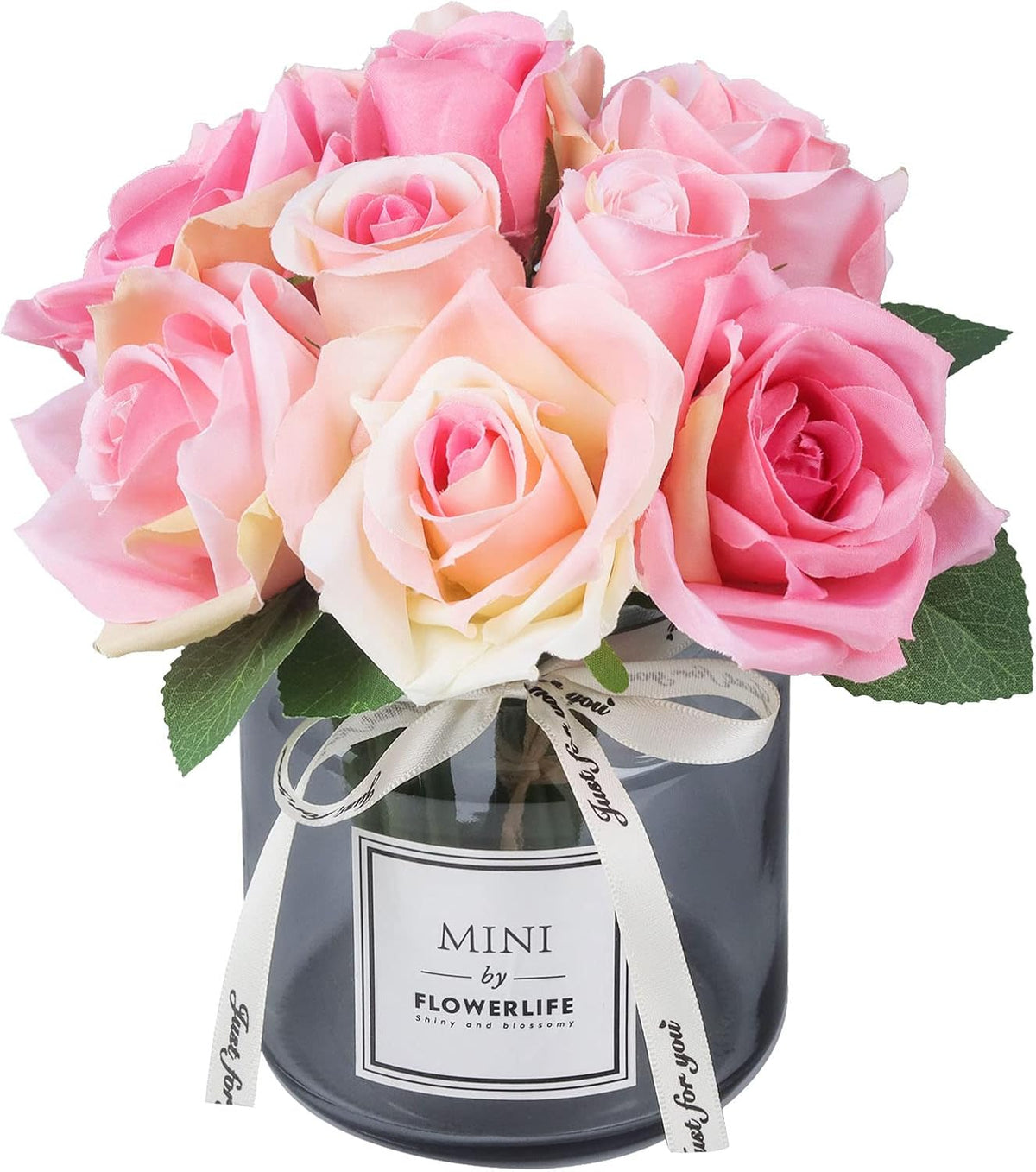 Artificial Flower and Glass vase, Silk Rose Flower Glass Bottle Set, Suitable for Living Room, Dining Table, Office, Wedding, Hotel Banquet and Other Home Decoration. (Pink)………