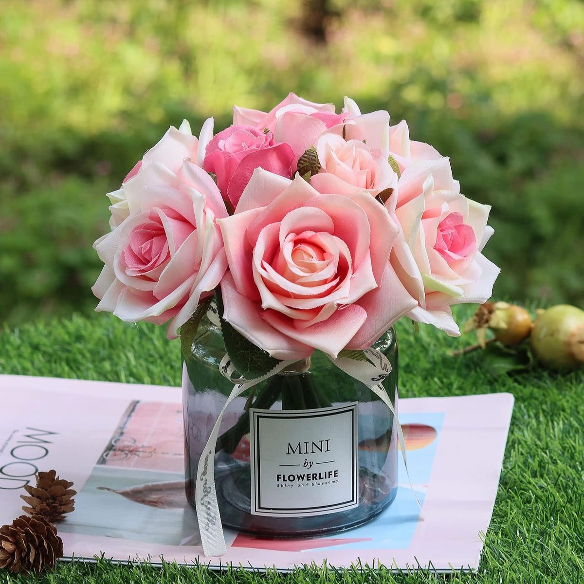 Artificial Flower and Glass vase, Silk Rose Flower Glass Bottle Set, Suitable for Living Room, Dining Table, Office, Wedding, Hotel Banquet and Other Home Decoration. (Pink)………