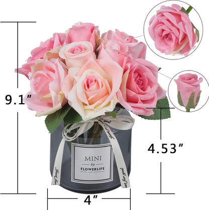 Artificial Flower and Glass vase, Silk Rose Flower Glass Bottle Set, Suitable for Living Room, Dining Table, Office, Wedding, Hotel Banquet and Other Home Decoration. (Pink)………