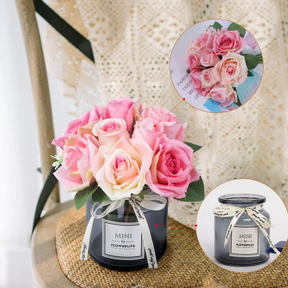 Artificial Flower and Glass vase, Silk Rose Flower Glass Bottle Set, Suitable for Living Room, Dining Table, Office, Wedding, Hotel Banquet and Other Home Decoration. (Pink)………