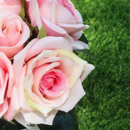 Artificial Flower and Glass vase, Silk Rose Flower Glass Bottle Set, Suitable for Living Room, Dining Table, Office, Wedding, Hotel Banquet and Other Home Decoration. (Pink)………