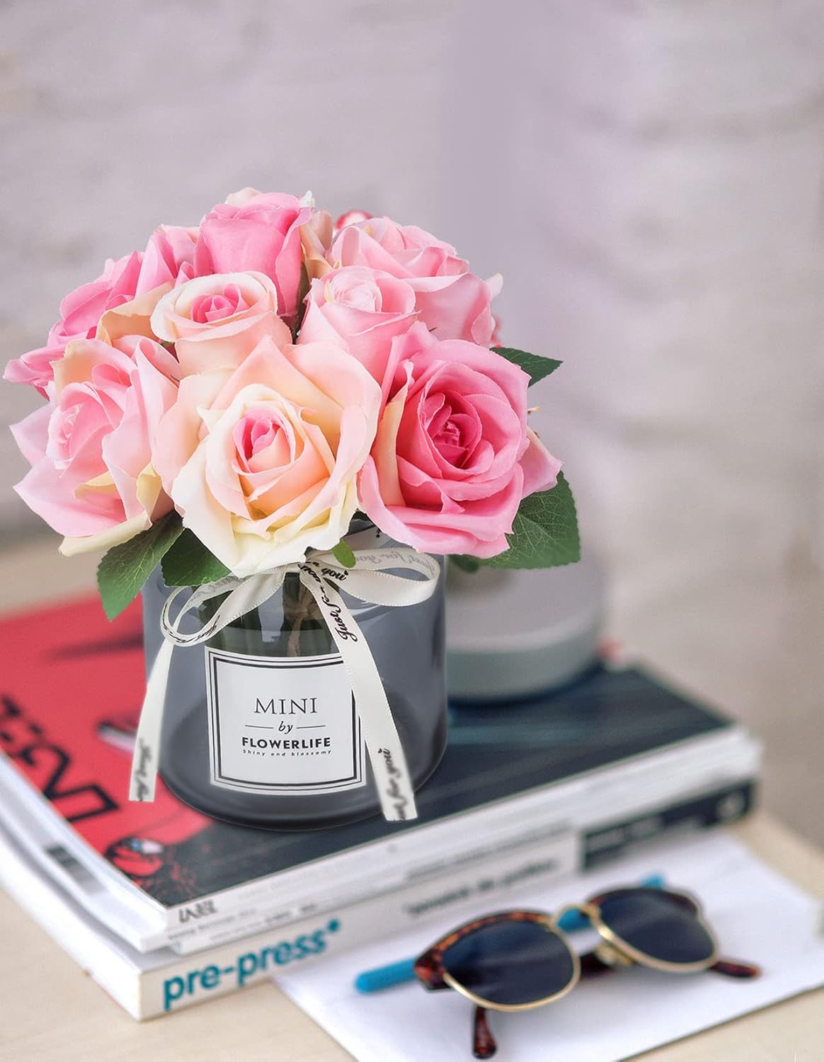 Artificial Flower and Glass vase, Silk Rose Flower Glass Bottle Set, Suitable for Living Room, Dining Table, Office, Wedding, Hotel Banquet and Other Home Decoration. (Pink)………