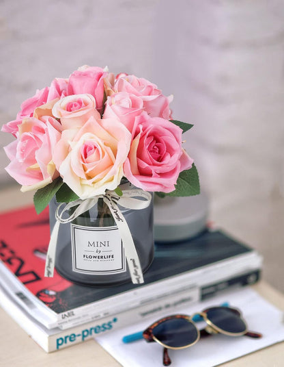 Artificial Flower and Glass vase, Silk Rose Flower Glass Bottle Set, Suitable for Living Room, Dining Table, Office, Wedding, Hotel Banquet and Other Home Decoration. (Pink)………
