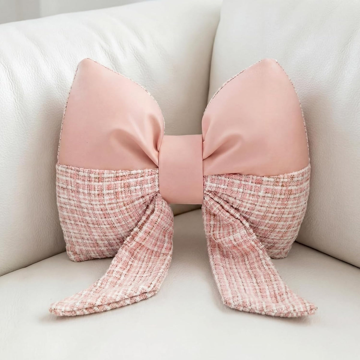 Pink Bow Pillow Bow Shaped Throw Pillows Decorative Cute Cushion Aesthetic Decor for Room Bed Couch Sofa (Faux Leather,Tweed,Elegant)