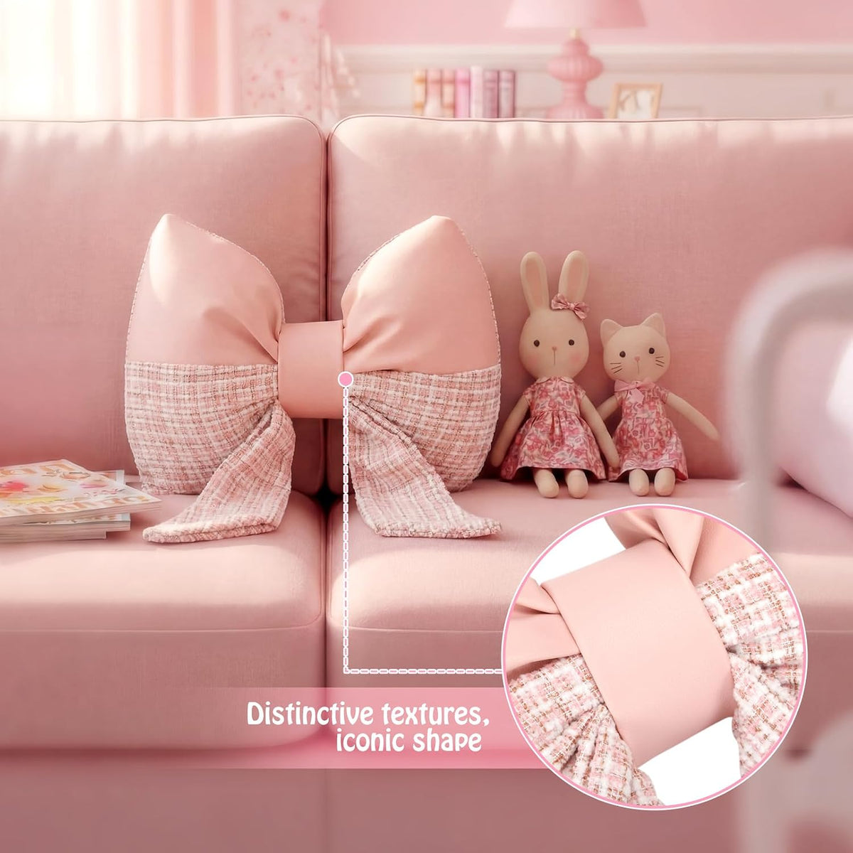 Pink Bow Pillow Bow Shaped Throw Pillows Decorative Cute Cushion Aesthetic Decor for Room Bed Couch Sofa (Faux Leather,Tweed,Elegant)