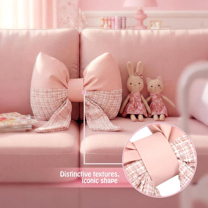 Pink Bow Pillow Bow Shaped Throw Pillows Decorative Cute Cushion Aesthetic Decor for Room Bed Couch Sofa (Faux Leather,Tweed,Elegant)