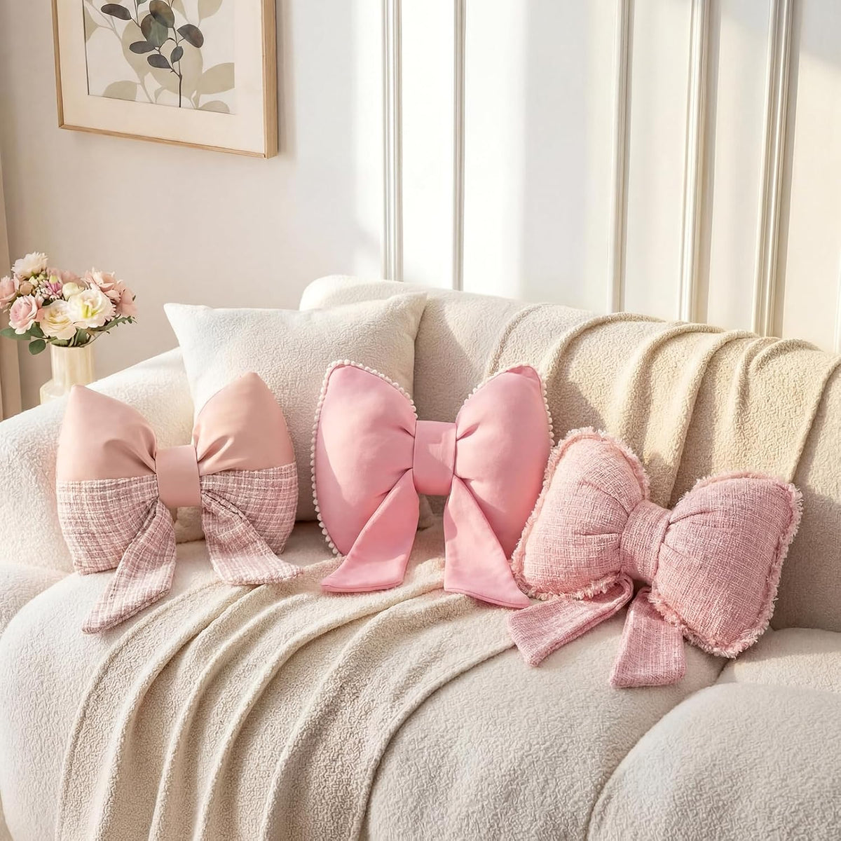 Pink Bow Pillow Bow Shaped Throw Pillows Decorative Cute Cushion Aesthetic Decor for Room Bed Couch Sofa (Faux Leather,Tweed,Elegant)