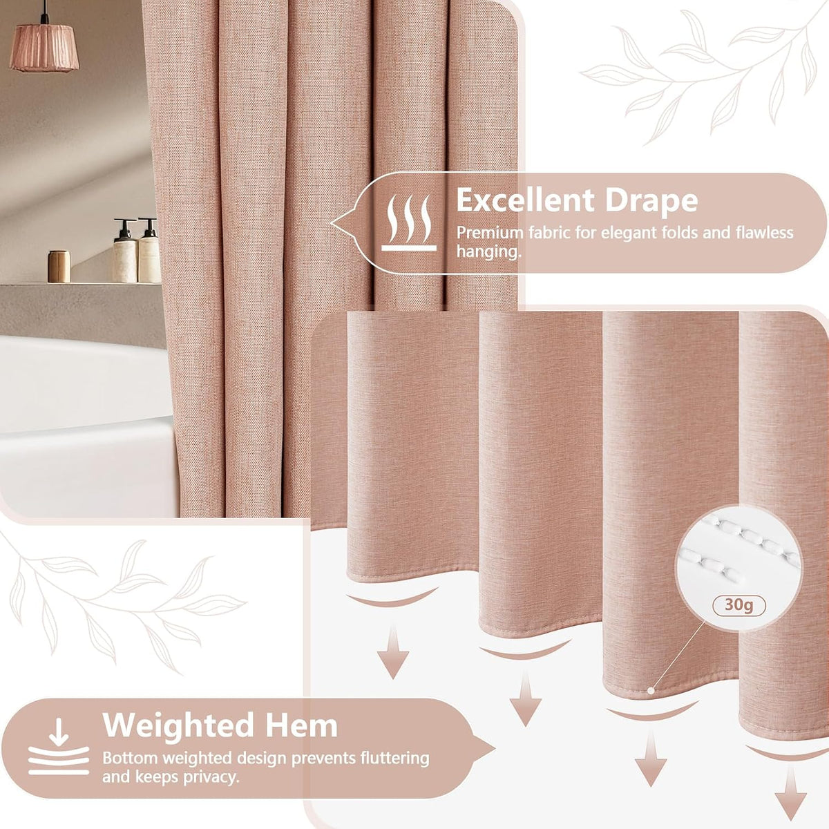 Linen Look Thick Shower Curtain Water-Resistant, Faux Linen Textured Fabric Shower Curtain Washable, 72 x 72 Inch Blush Pink Heavy Duty Bathroom Shower Curtain Wrinkle Resistant