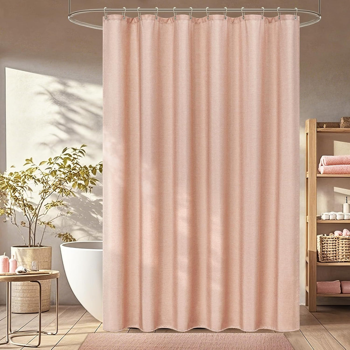 Linen Look Thick Shower Curtain Water-Resistant, Faux Linen Textured Fabric Shower Curtain Washable, 72 x 72 Inch Blush Pink Heavy Duty Bathroom Shower Curtain Wrinkle Resistant