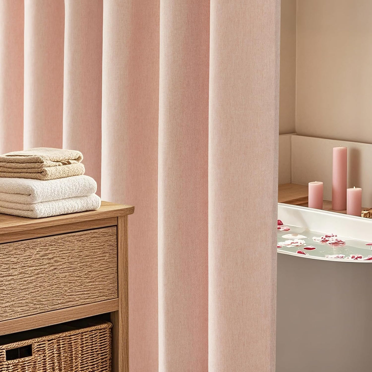 Linen Look Thick Shower Curtain Water-Resistant, Faux Linen Textured Fabric Shower Curtain Washable, 72 x 72 Inch Blush Pink Heavy Duty Bathroom Shower Curtain Wrinkle Resistant