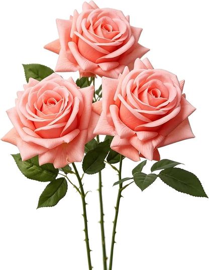 3 Pcs Artificial Roses, 16.5 Inch Real Touch Fake Rose Bouquet, Peach