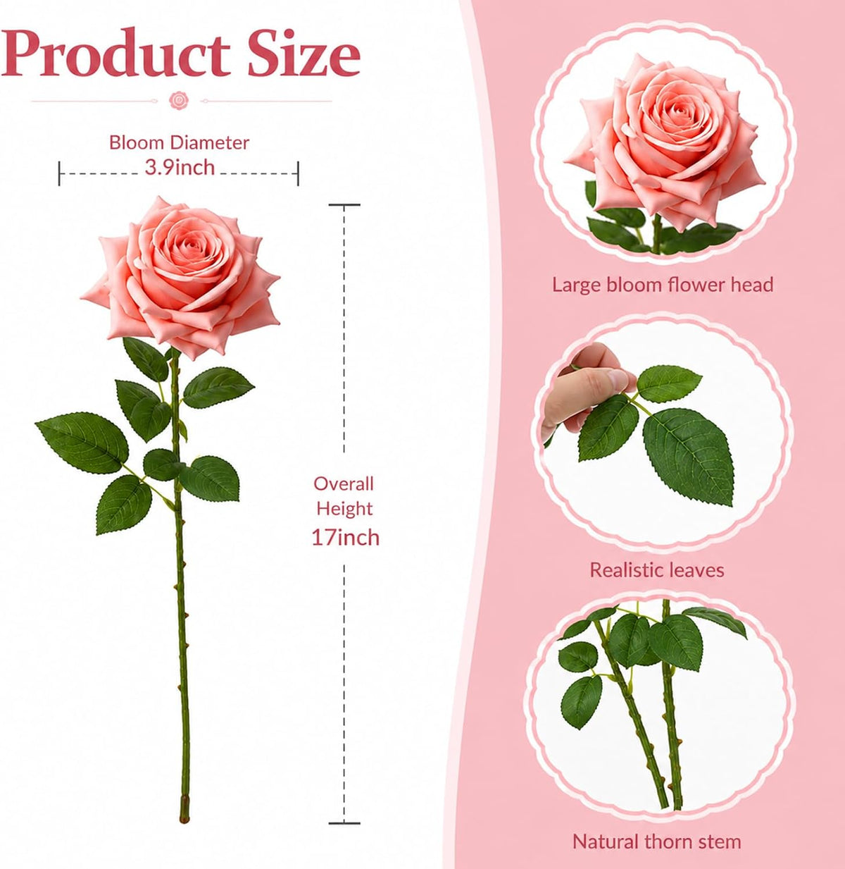 3 Pcs Artificial Roses, 16.5 Inch Real Touch Fake Rose Bouquet, Peach