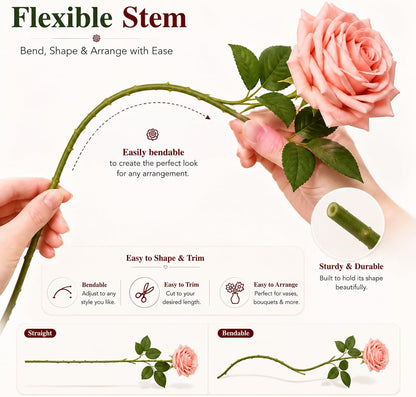 3 Pcs Artificial Roses, 16.5 Inch Real Touch Fake Rose Bouquet, Peach