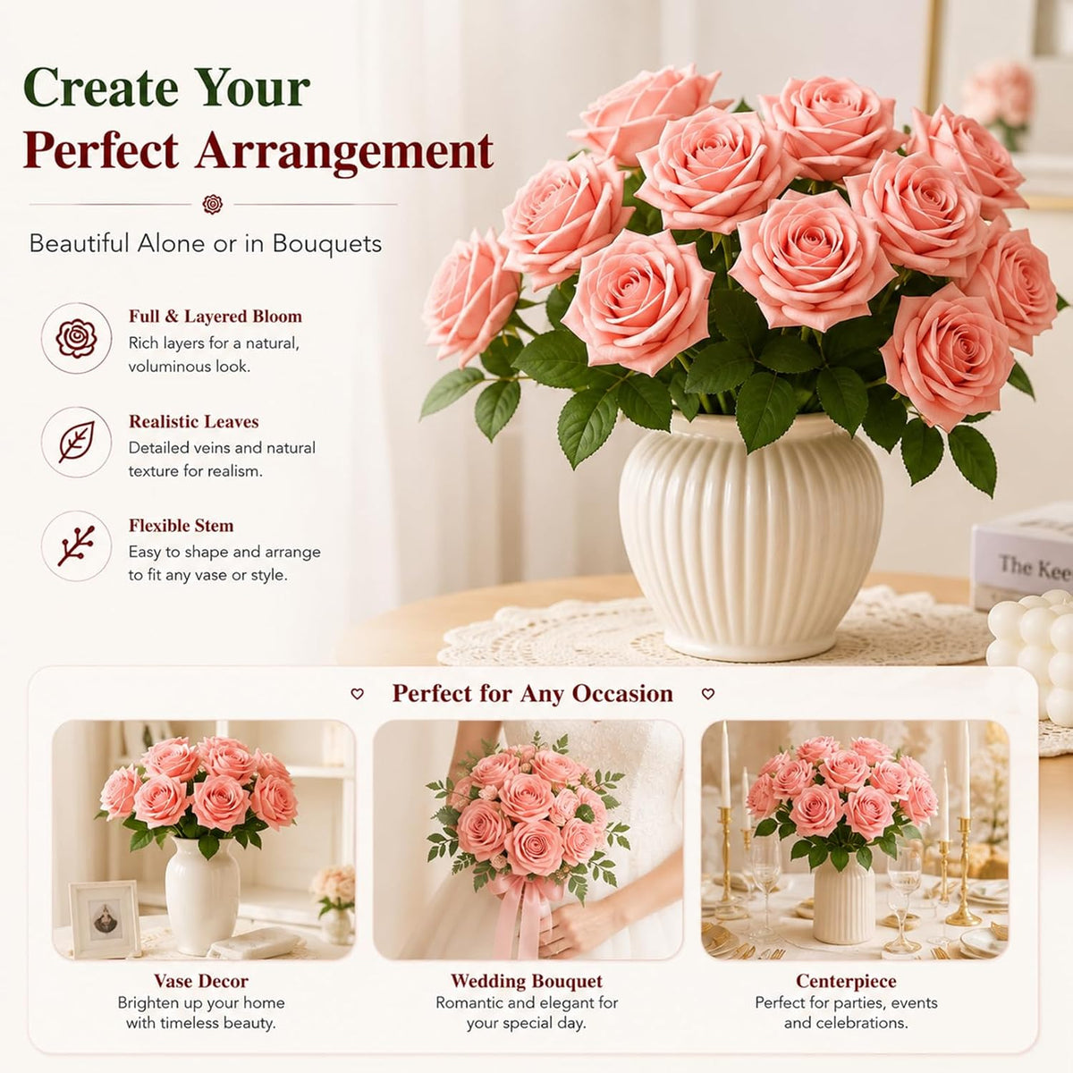 3 Pcs Artificial Roses, 16.5 Inch Real Touch Fake Rose Bouquet, Peach