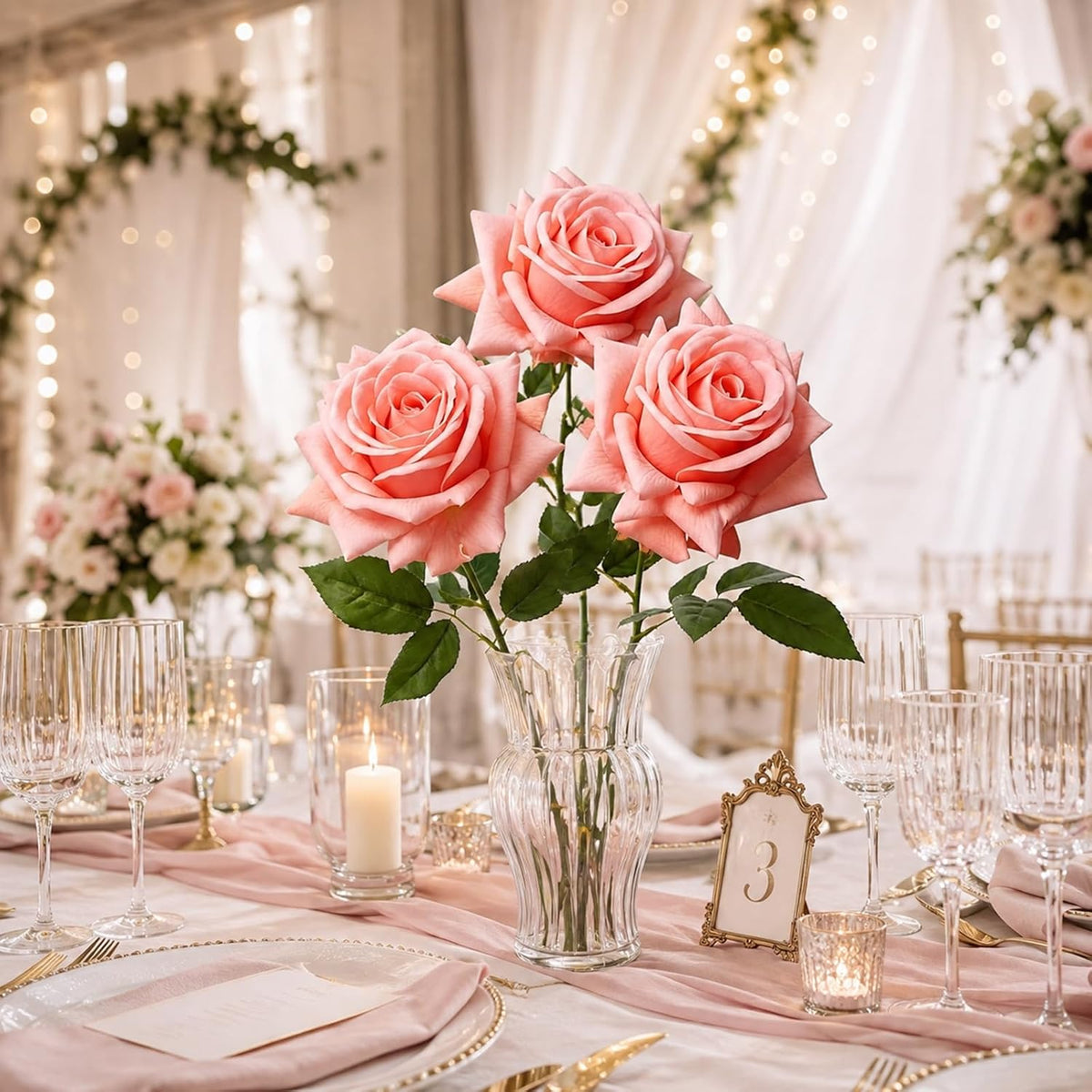 3 Pcs Artificial Roses, 16.5 Inch Real Touch Fake Rose Bouquet, Peach