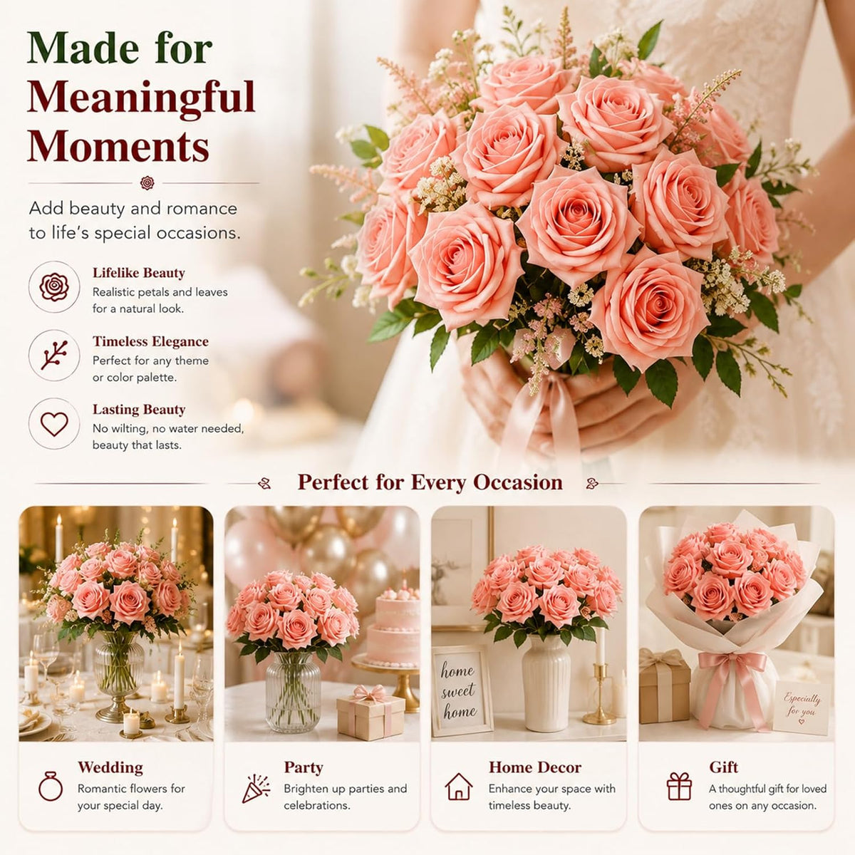 3 Pcs Artificial Roses, 16.5 Inch Real Touch Fake Rose Bouquet, Peach