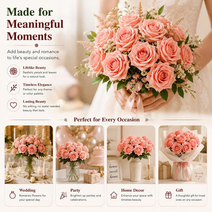 3 Pcs Artificial Roses, 16.5 Inch Real Touch Fake Rose Bouquet, Peach