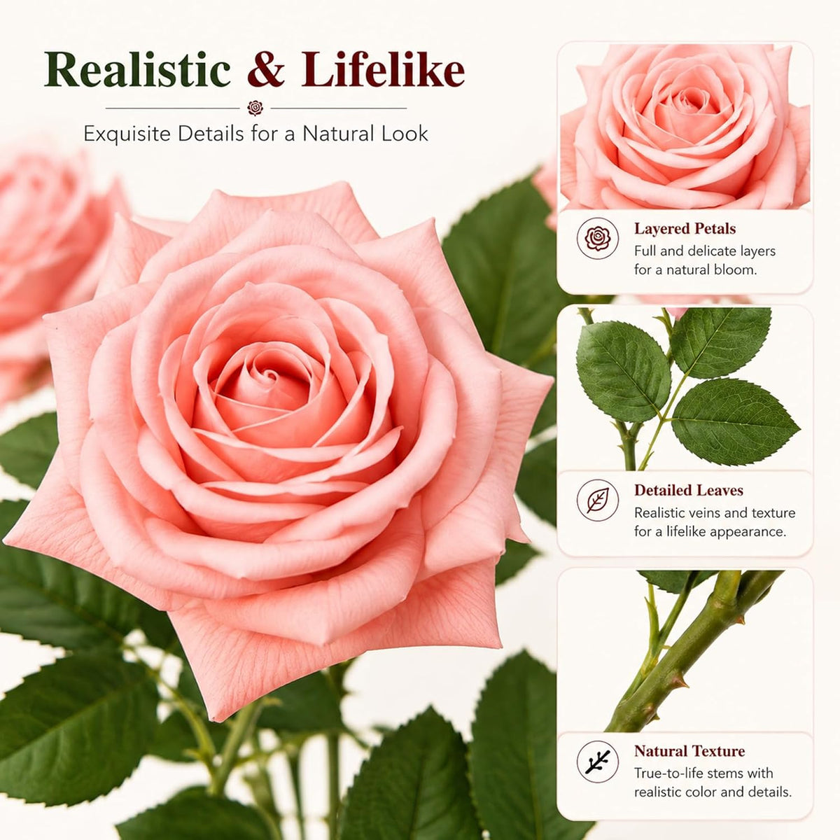 3 Pcs Artificial Roses, 16.5 Inch Real Touch Fake Rose Bouquet, Peach