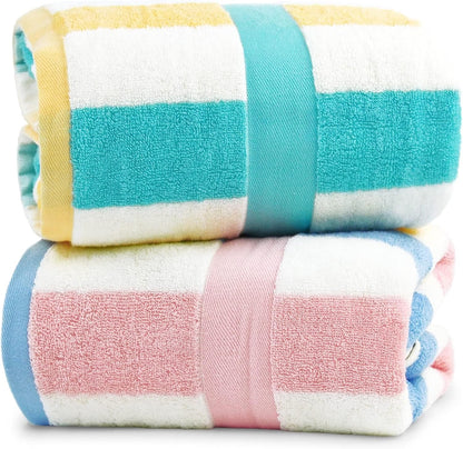 Cotton Bath Towels Set of 2, Highly Absorbent Colorful Striped Towels