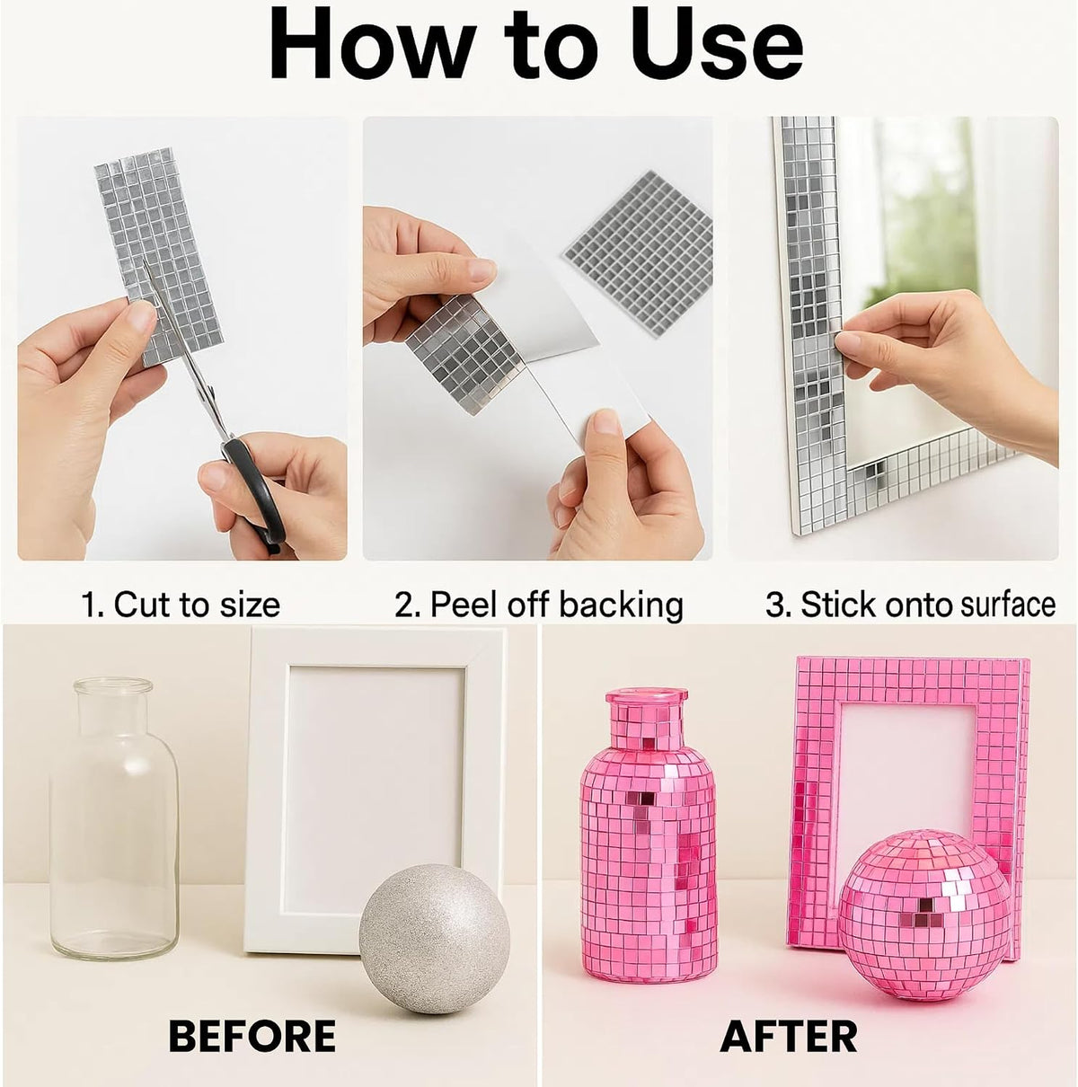 Glass Mirror Disco Tiles 2400Pcs, 5 x 5 mm Self-Adhesive Mirror Tiles for Craft Decoration Disco Ball, Mini Mosaic Tiles for Party Decor DIY (Pink)