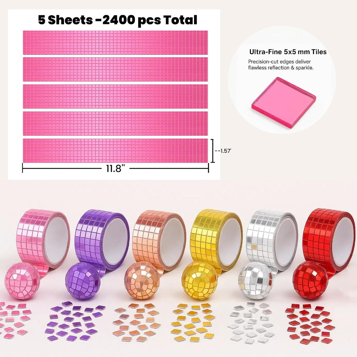 Glass Mirror Disco Tiles 2400Pcs, 5 x 5 mm Self-Adhesive Mirror Tiles for Craft Decoration Disco Ball, Mini Mosaic Tiles for Party Decor DIY (Pink)