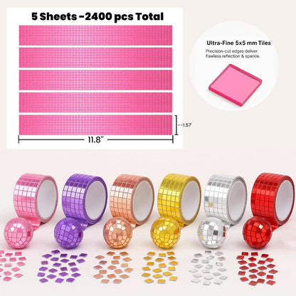 Glass Mirror Disco Tiles 2400Pcs, 5 x 5 mm Self-Adhesive Mirror Tiles for Craft Decoration Disco Ball, Mini Mosaic Tiles for Party Decor DIY (Pink)