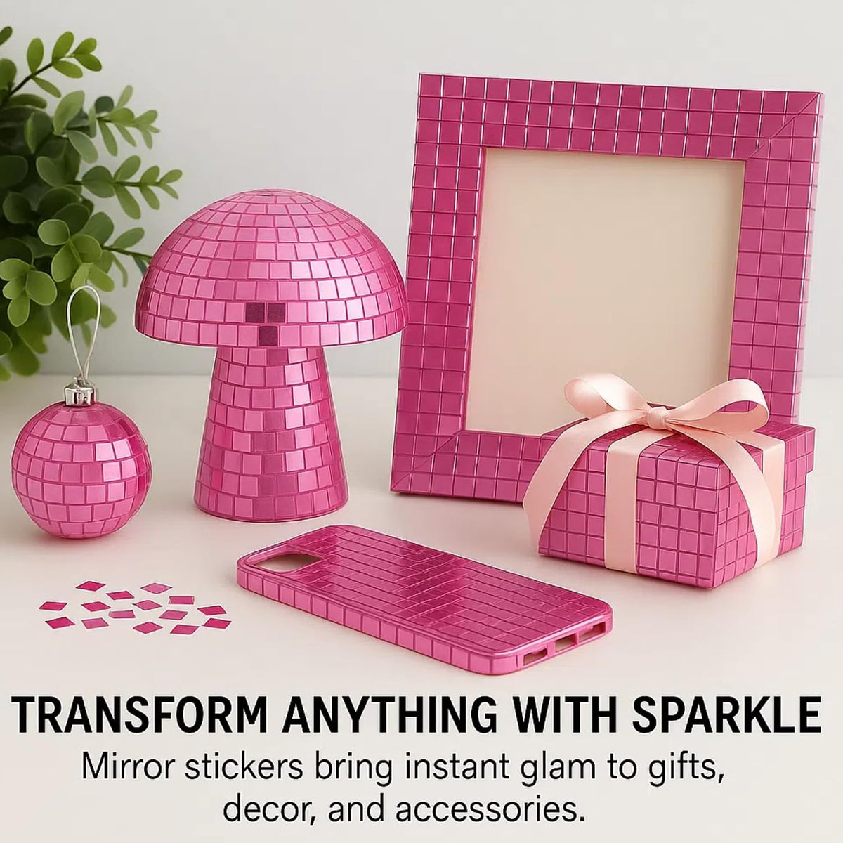 Glass Mirror Disco Tiles 2400Pcs, 5 x 5 mm Self-Adhesive Mirror Tiles for Craft Decoration Disco Ball, Mini Mosaic Tiles for Party Decor DIY (Pink)