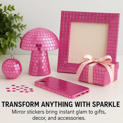 Glass Mirror Disco Tiles 2400Pcs, 5 x 5 mm Self-Adhesive Mirror Tiles for Craft Decoration Disco Ball, Mini Mosaic Tiles for Party Decor DIY (Pink)