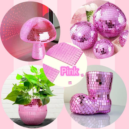Glass Mirror Disco Tiles 2400Pcs, 5 x 5 mm Self-Adhesive Mirror Tiles for Craft Decoration Disco Ball, Mini Mosaic Tiles for Party Decor DIY (Pink)