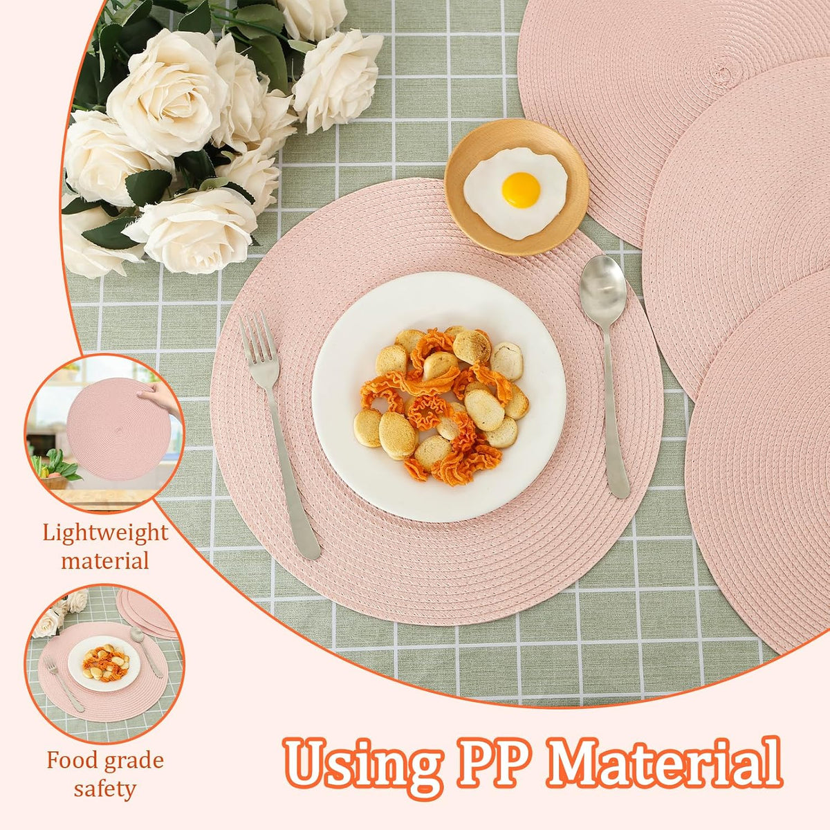 8 PCS Braided Placemats, 15'' Round Woven Placemats Set, Non-Slip Heat Resistan Rattan Round Table Mats, Kitchen Place Mats for Dining Pots Pans, Indoor Outdoor Use(Blush)