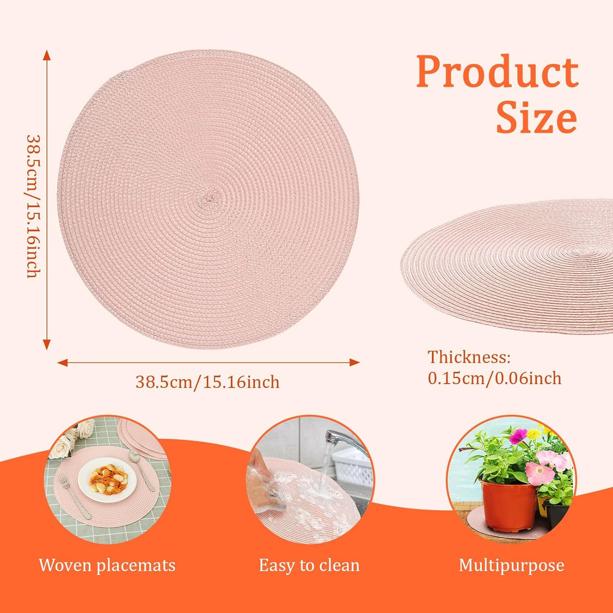 8 PCS Braided Placemats, 15'' Round Woven Placemats Set, Non-Slip Heat Resistan Rattan Round Table Mats, Kitchen Place Mats for Dining Pots Pans, Indoor Outdoor Use(Blush)