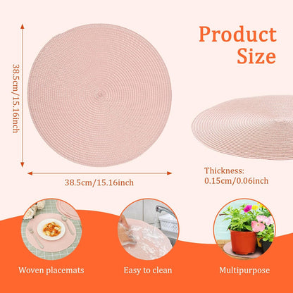 8 PCS Braided Placemats, 15'' Round Woven Placemats Set, Non-Slip Heat Resistan Rattan Round Table Mats, Kitchen Place Mats for Dining Pots Pans, Indoor Outdoor Use(Blush)