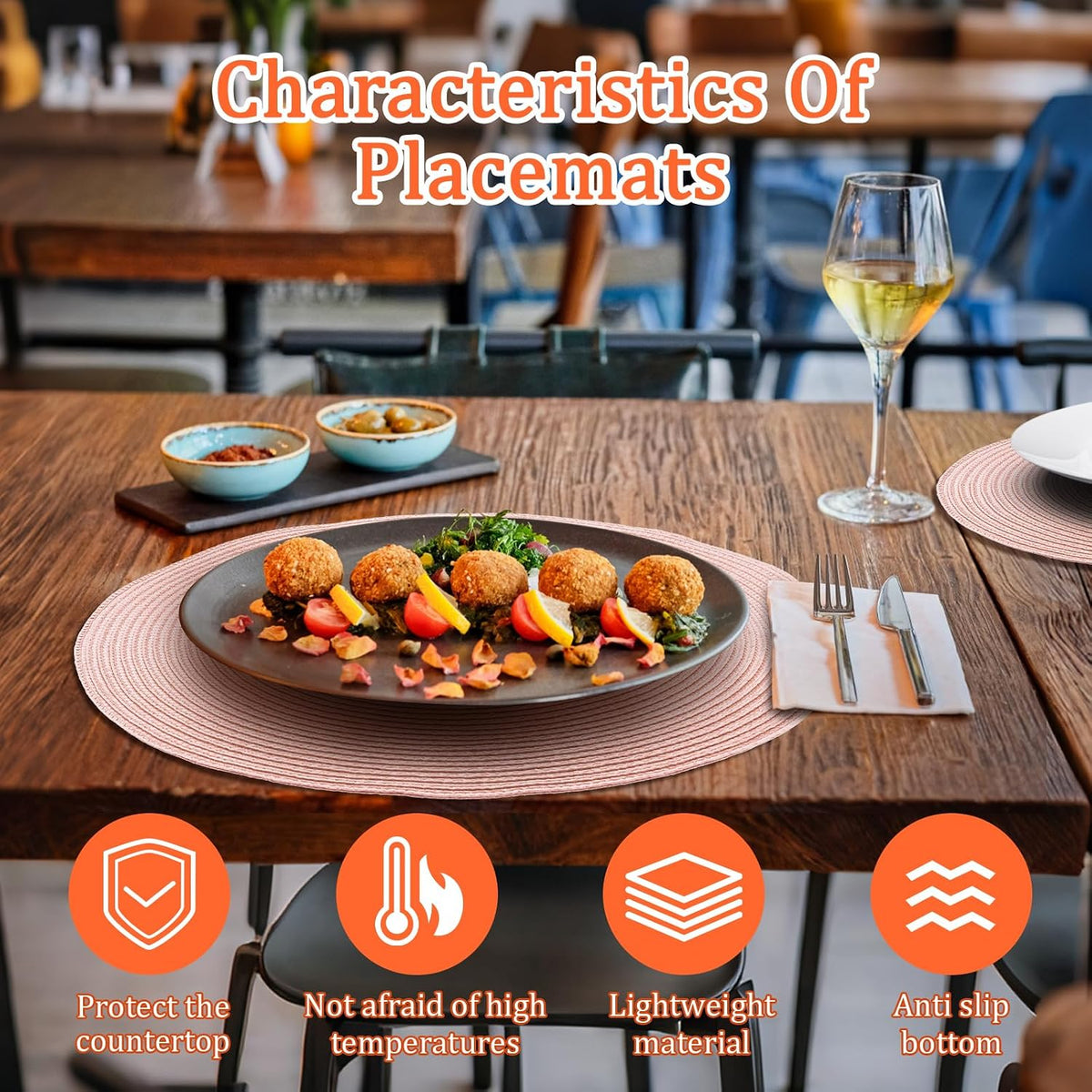 8 PCS Braided Placemats, 15'' Round Woven Placemats Set, Non-Slip Heat Resistan Rattan Round Table Mats, Kitchen Place Mats for Dining Pots Pans, Indoor Outdoor Use(Blush)