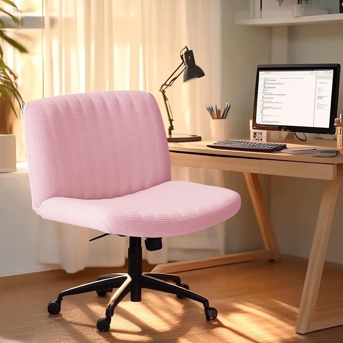 Criss Cross Chair Cover Pink Armless Wide Back Chair Cover Water Resistant Stretchable Slipcover for Mid Back Wide Seat Desk and Vanity Chairs Washable
