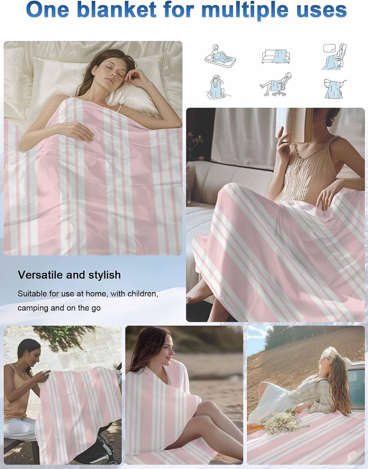 Pink Striped Cooling Blanket - 30"x40" Modern Classic Stripes Rustic Country Farmhouse Summer Cooling Blankets for Hot Sleepers, Keeps Cool for Night Sweats Lightweight Blanket for Couch Bed