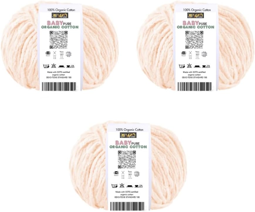 BabyPure Organic Cotton Yarn – 100% Organic Cotton – Made with GOTS Certified Cotton – Soft Baby Yarn – 3 or 6 Skein Pack (3, Soft Peach)