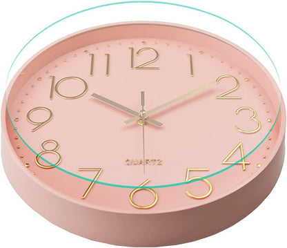 Silent Wall Clock for Bedroom 12in Clocks for Living Room Decor Battery Operated Modern Clock for Home Kitchen (Pink)