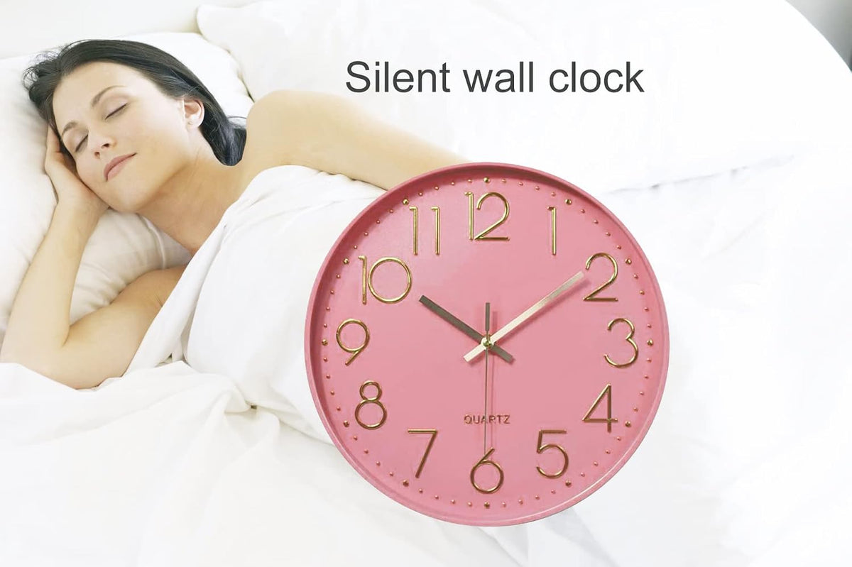 Silent Wall Clock for Bedroom 12in Clocks for Living Room Decor Battery Operated Modern Clock for Home Kitchen (Pink)