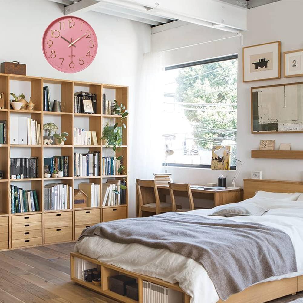Silent Wall Clock for Bedroom 12in Clocks for Living Room Decor Battery Operated Modern Clock for Home Kitchen (Pink)