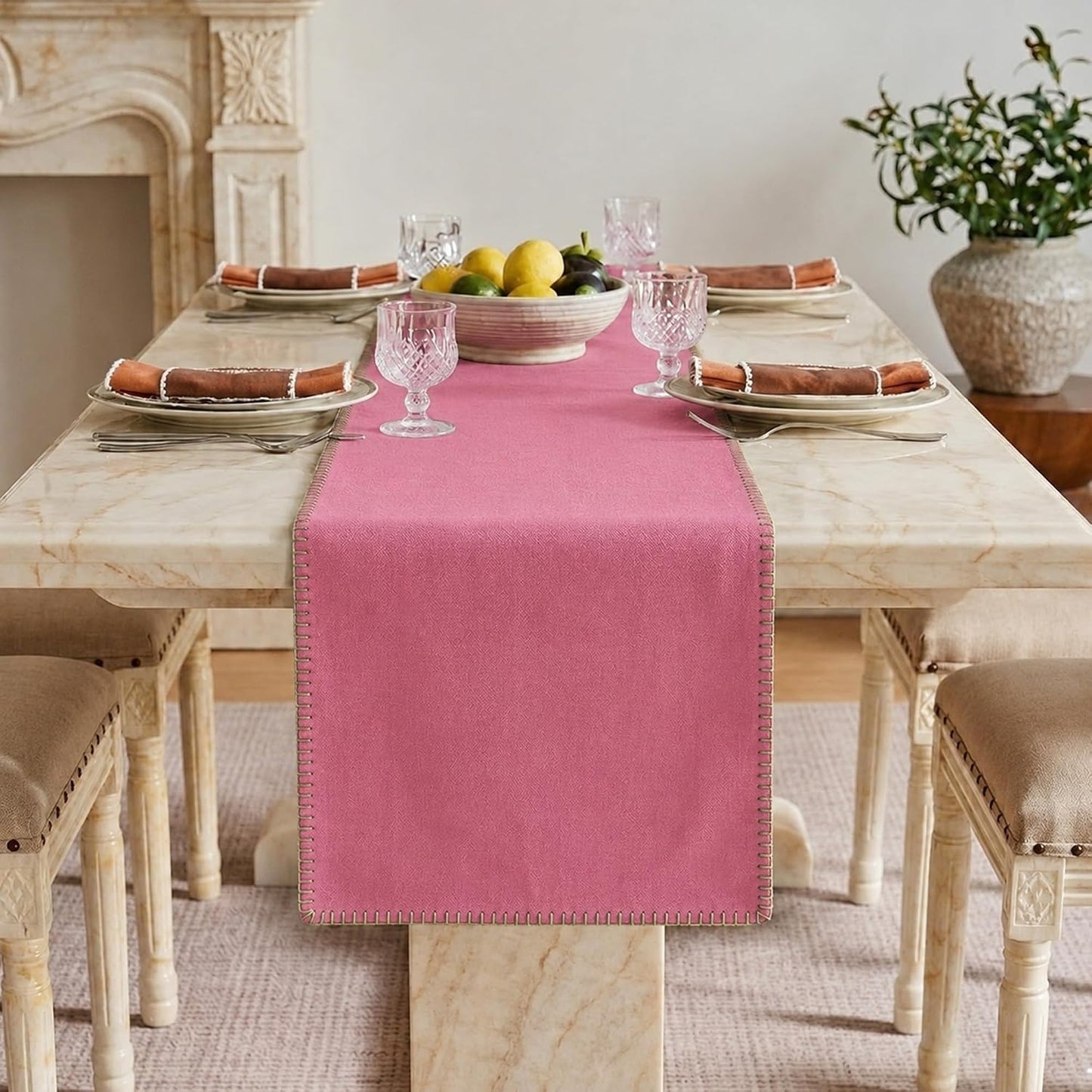 LFH Home Cotton Rich Table Runner with Blanket Stitch,18 x 72 Inch Decorative Farmhouse Dining Table Runner, Washable Table Decor for Kitchen,Dining Room,Coffee Table,Buffet & Holiday Decor,Baby Pink