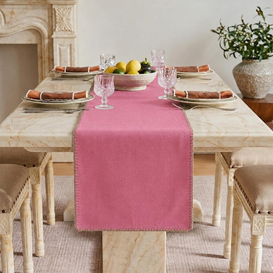 LFH Home Cotton Rich Table Runner with Blanket Stitch,18 x 72 Inch Decorative Farmhouse Dining Table Runner, Washable Table Decor for Kitchen,Dining Room,Coffee Table,Buffet & Holiday Decor,Baby Pink