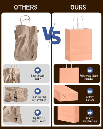 24Pcs Paper Gift Bag with Handles Bulk Peach Pink Paper Bags Multiple Uses (8.3"x6"x3.15", Small Size)