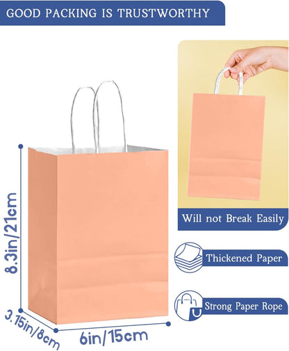 24Pcs Paper Gift Bag with Handles Bulk Peach Pink Paper Bags Multiple Uses (8.3"x6"x3.15", Small Size)