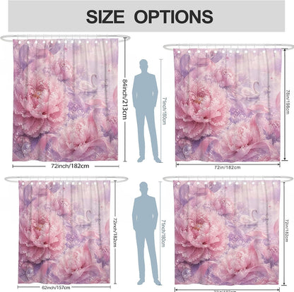 Peony Shower Curtain, Romantic Elegant Ribbon Swan Spring Peach Waterproof Fabric Toile Cloth Shower Curtains for Bathroom Toile Guest Room Decor 72x72 Inch