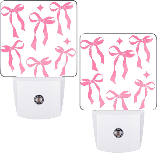 2 Pcs Pink Bow Night Lights Sensor Night Light Plug in Dusk to Dawn LED Lamps Gift for Indoor Bedroom, Bathroom, Toilet, Stairs, Kitchen, Hallway