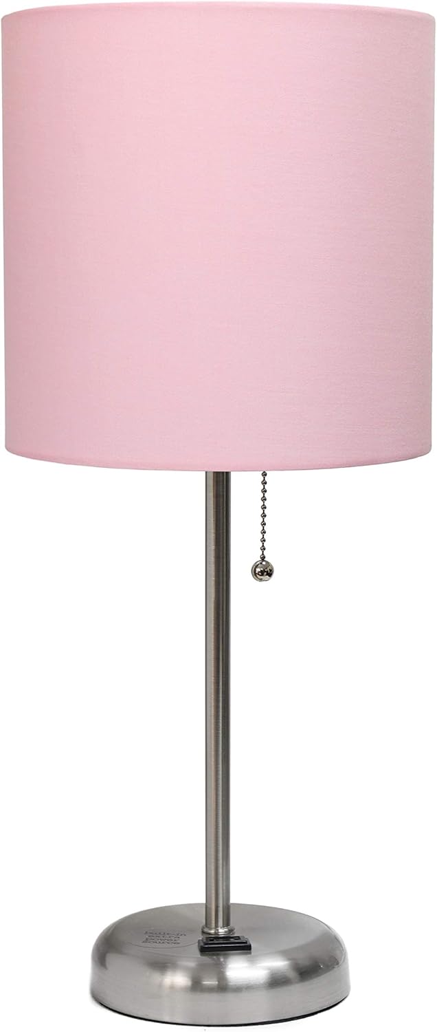 LT2024-LPK Brushed Steel Stick Table Desk Lamp with Charging Outlet and Drum Fabric Shade, Light Pink