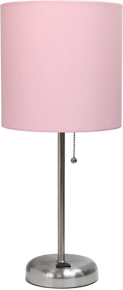 LT2024-LPK Brushed Steel Stick Table Desk Lamp with Charging Outlet and Drum Fabric Shade, Light Pink