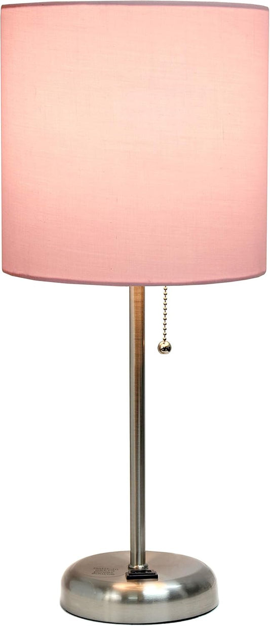 LT2024-LPK Brushed Steel Stick Table Desk Lamp with Charging Outlet and Drum Fabric Shade, Light Pink