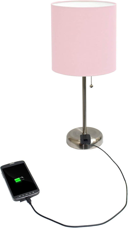 LT2024-LPK Brushed Steel Stick Table Desk Lamp with Charging Outlet and Drum Fabric Shade, Light Pink